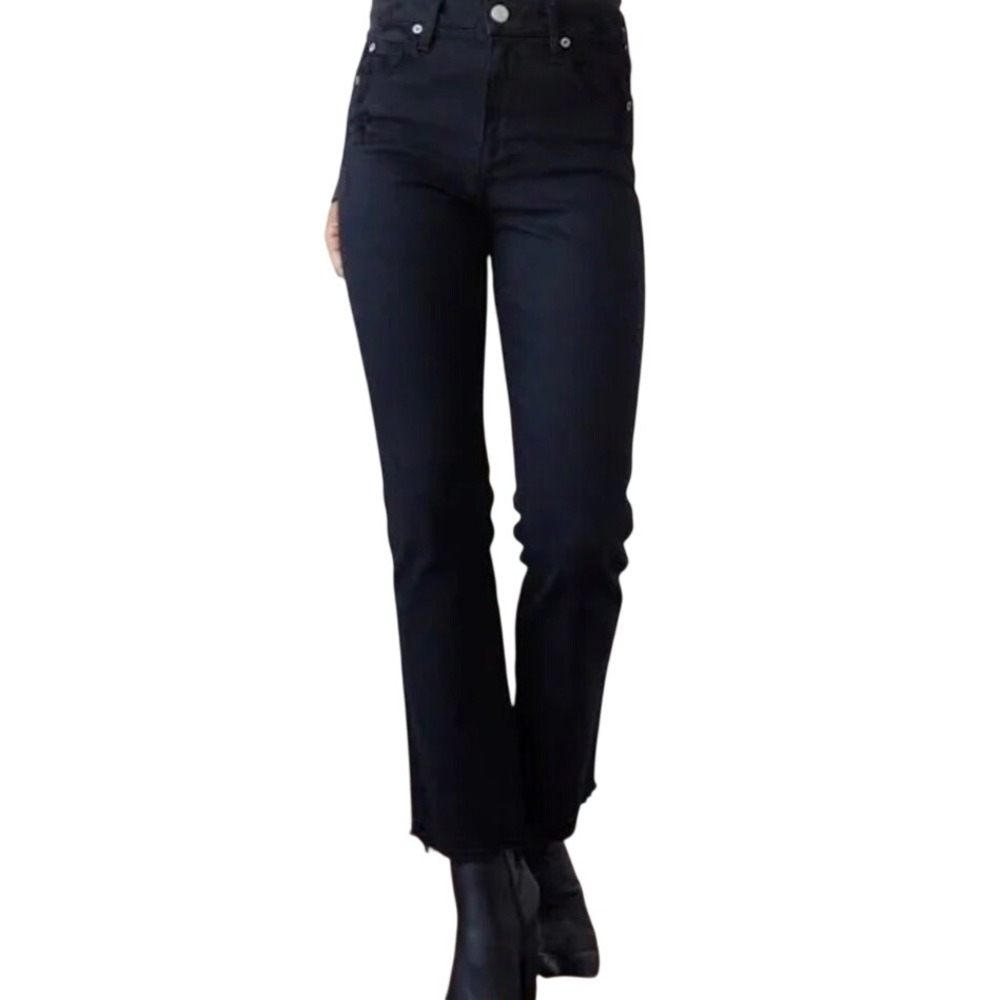 AMO Bella Black Oak Straight Leg Jeans High Rise Raw Hem Women's Size 26